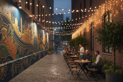 Evening view of illuminated alley with mural wall, bistro lights and gathering tables